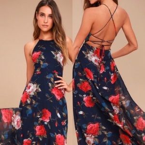 Lulus Navy Blue Maxi dress with rose print